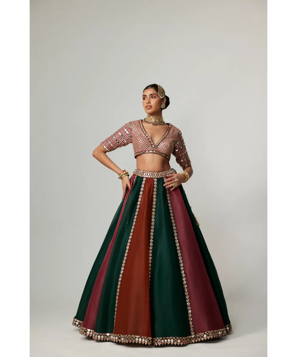 VVANI VATS - Cranberry multicolor Linear Lehenga with V Neck Blouse
