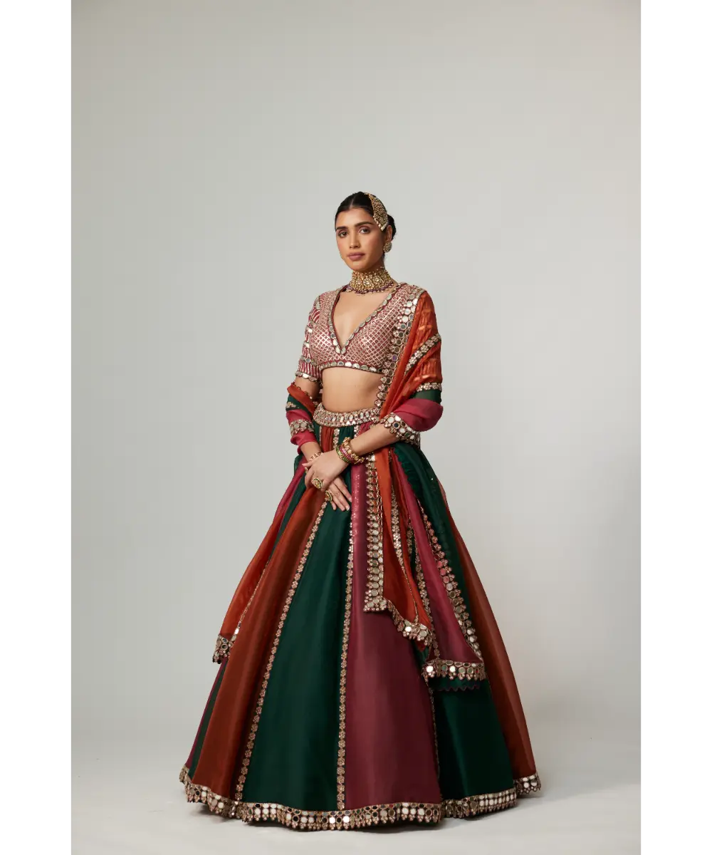 VVANI VATS - Cranberry multicolor Linear Lehenga with V Neck Blouse