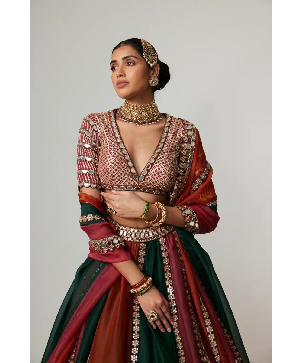 VVANI VATS - Cranberry multicolor Linear Lehenga with V Neck Blouse