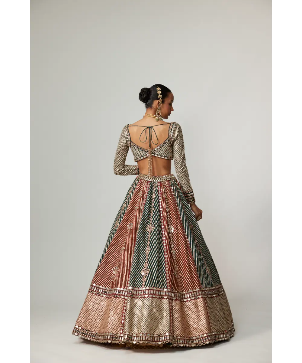 VVANI VATS - Cranberry Flower Linear Lehenga with Full Sleeve Blouse