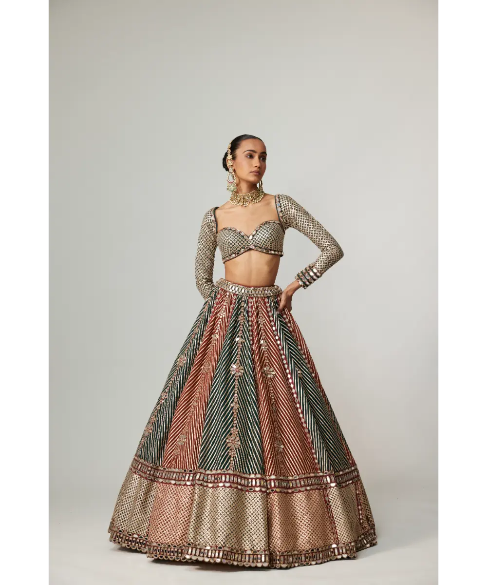 VVANI VATS - Cranberry Flower Linear Lehenga with Full Sleeve Blouse