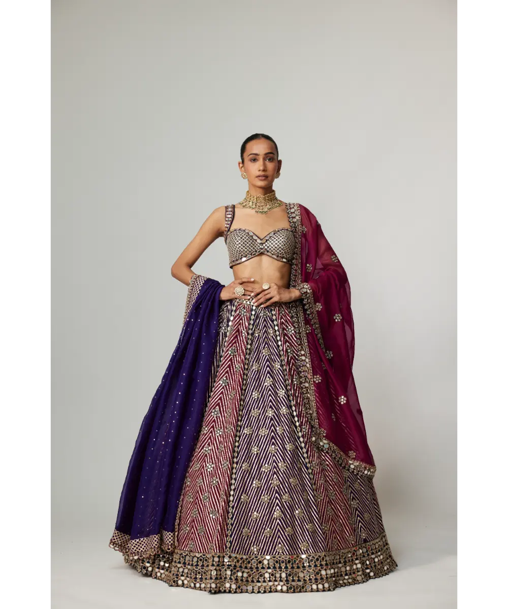 VVANI VATS - Teal Wine multicolor Lehenga Set with Double Dupatta