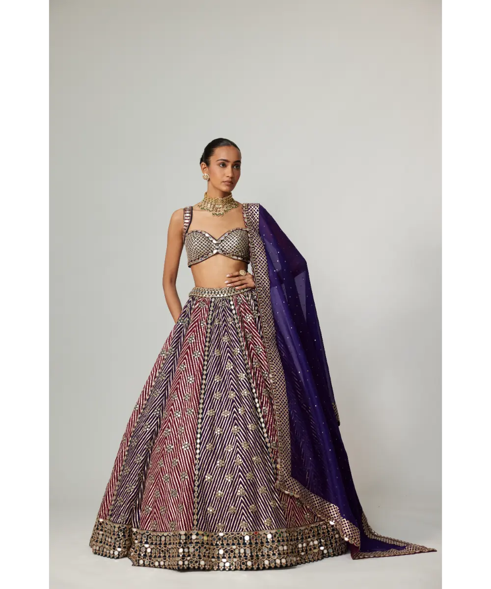 VVANI VATS - Teal Wine multicolor Lehenga Set with Dark Purple Dupatta