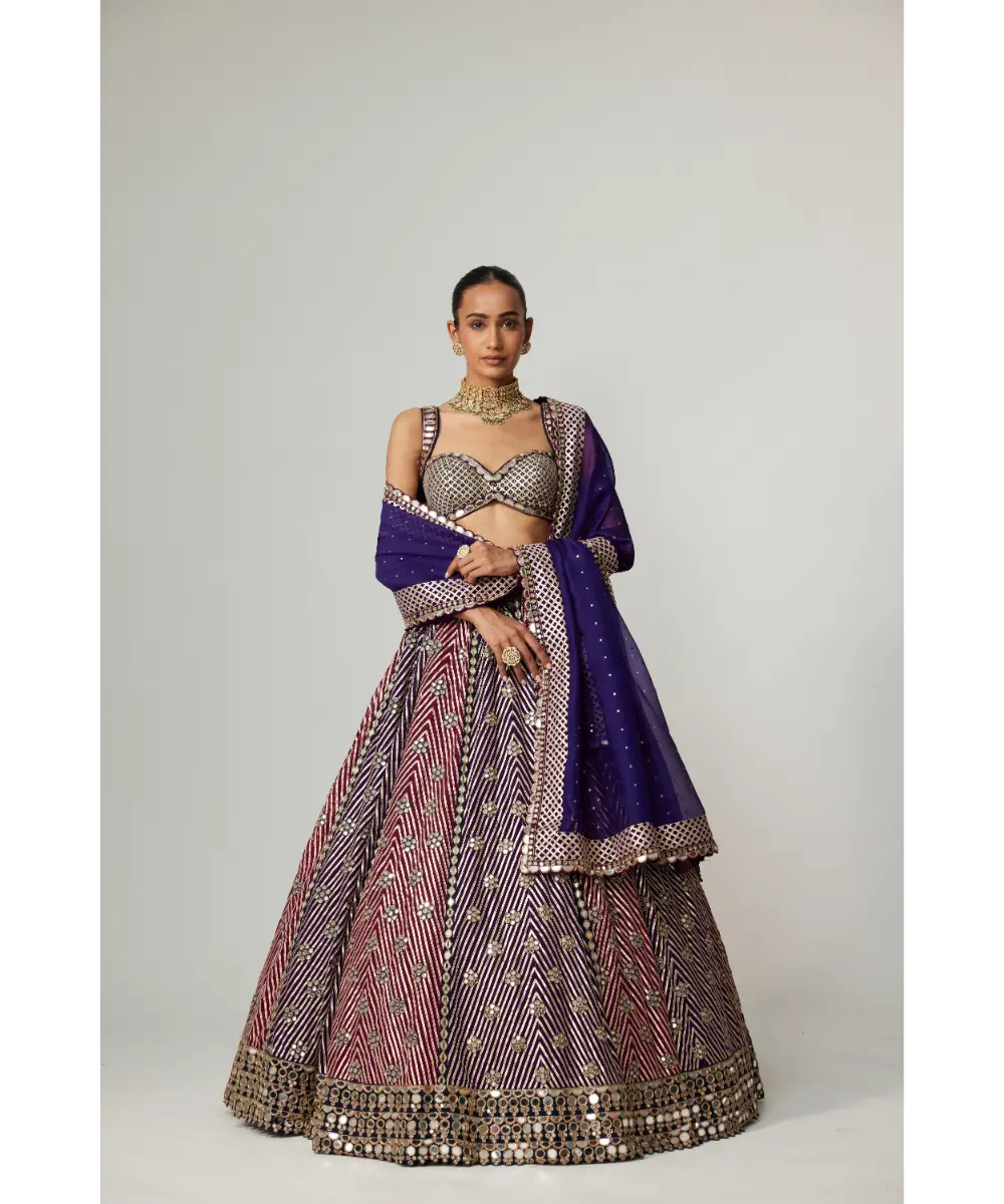 VVANI VATS - Teal Wine multicolor Lehenga Set with Dark Purple Dupatta