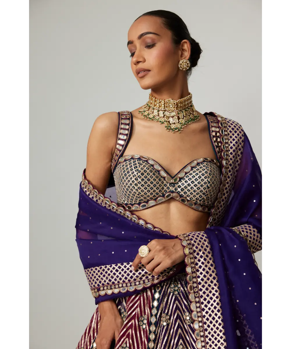 VVANI VATS - Teal Wine multicolor Lehenga Set with Dark Purple Dupatta