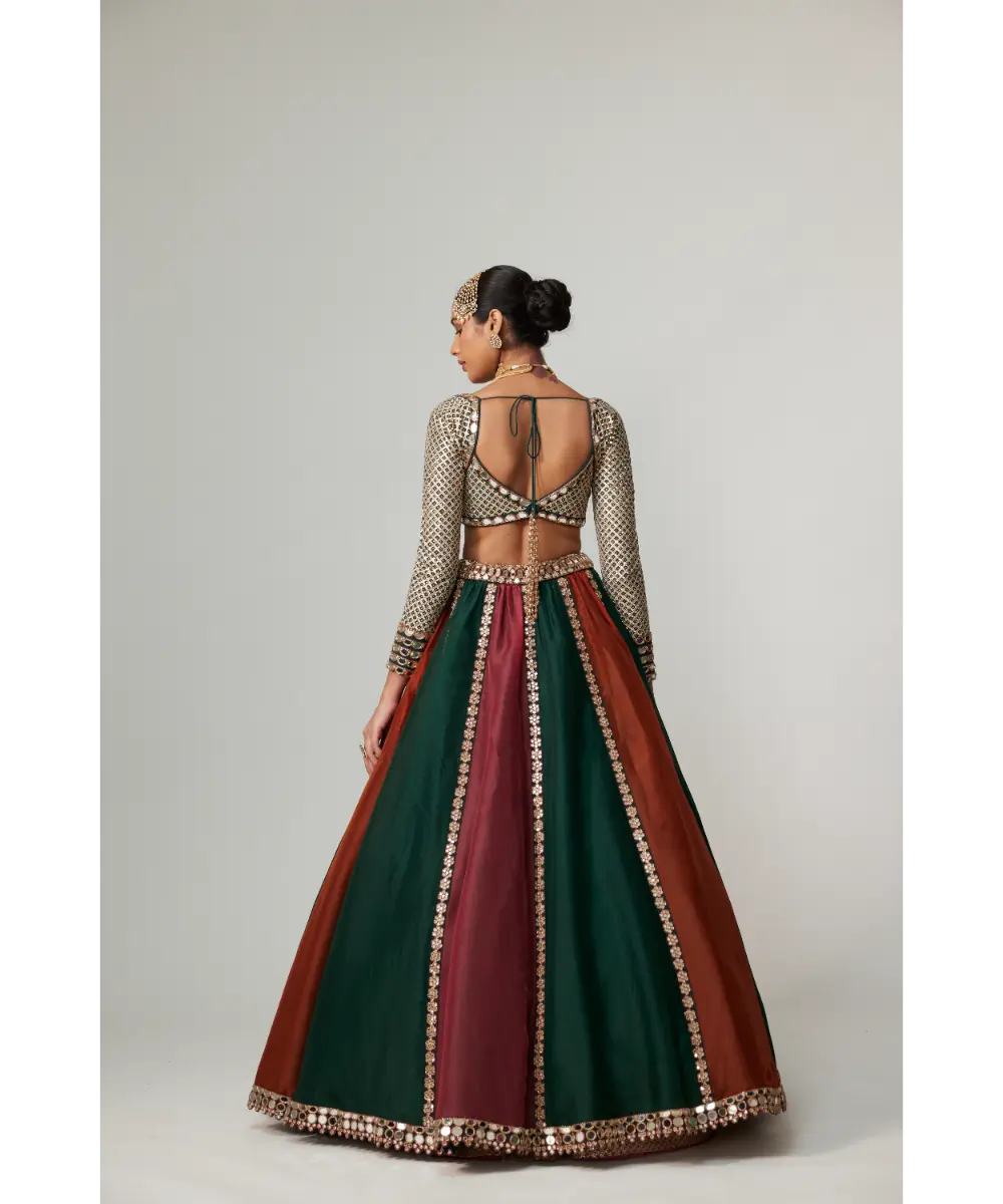 VVANI VATS - Cranberry multicolor Linear Lehenga with Sweetheart Full Sleeve Blouse