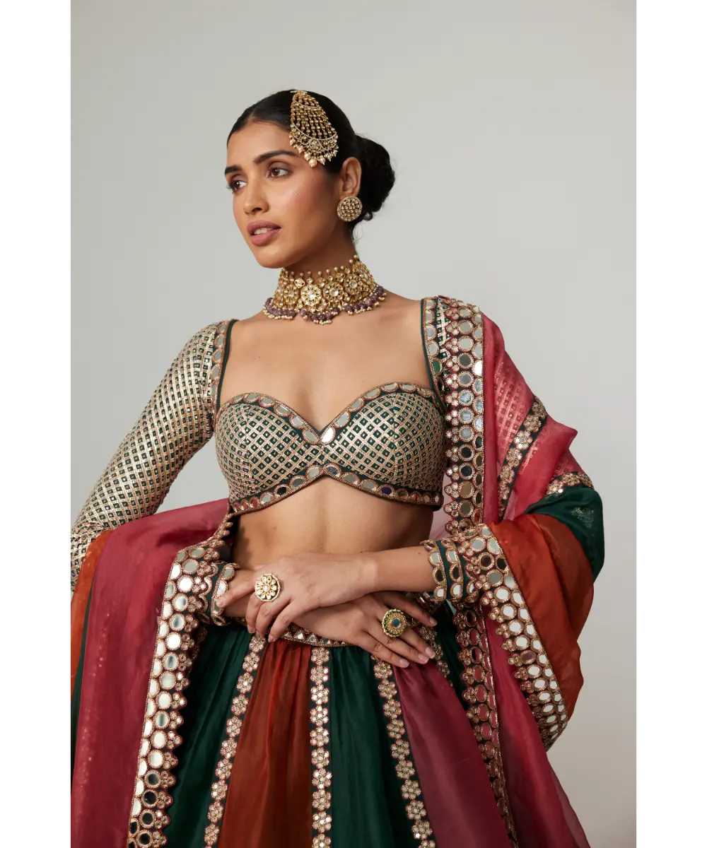 VVANI VATS - Cranberry multicolor Linear Lehenga with Sweetheart Full Sleeve Blouse