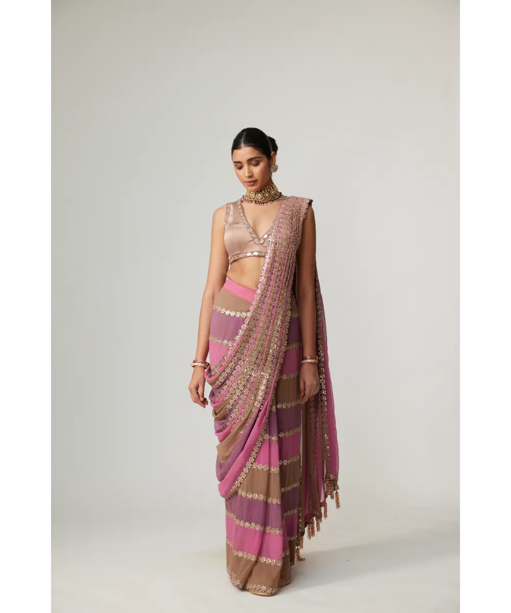 VVANI VATS - Mud mauve multicolor Saree