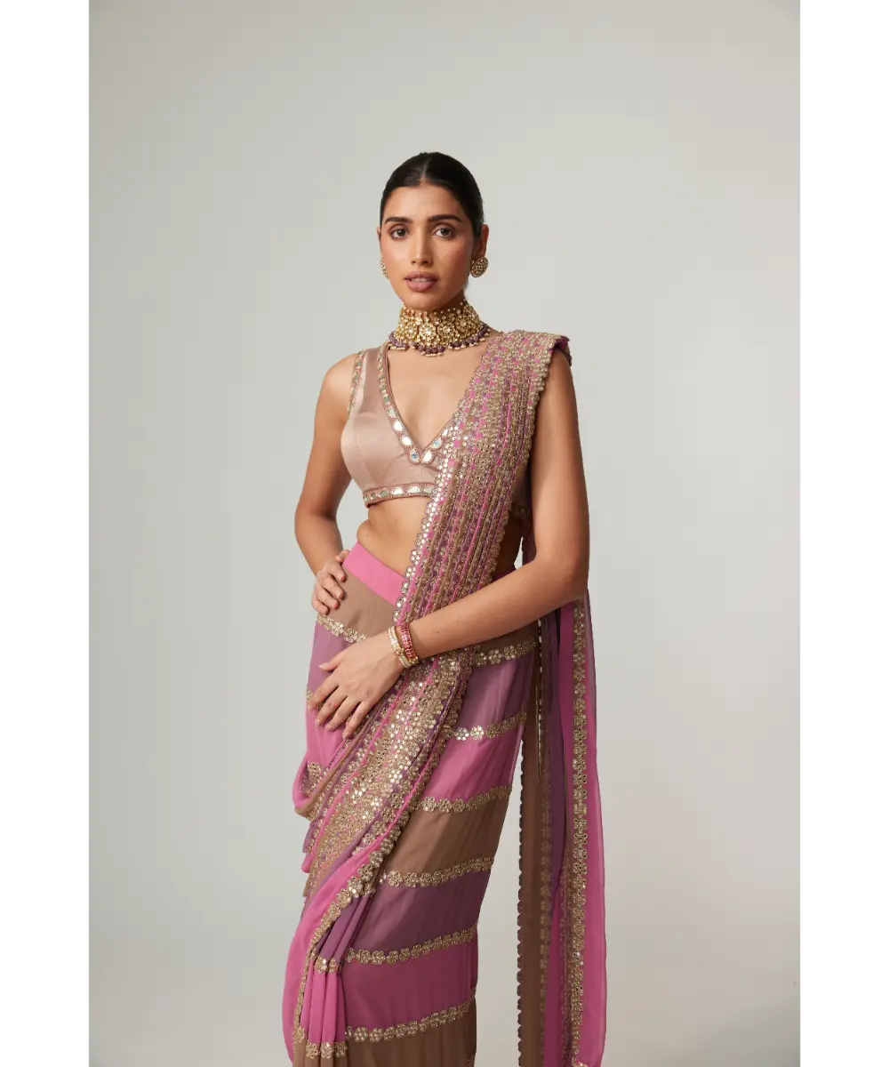 VVANI VATS - Mud mauve multicolor Saree