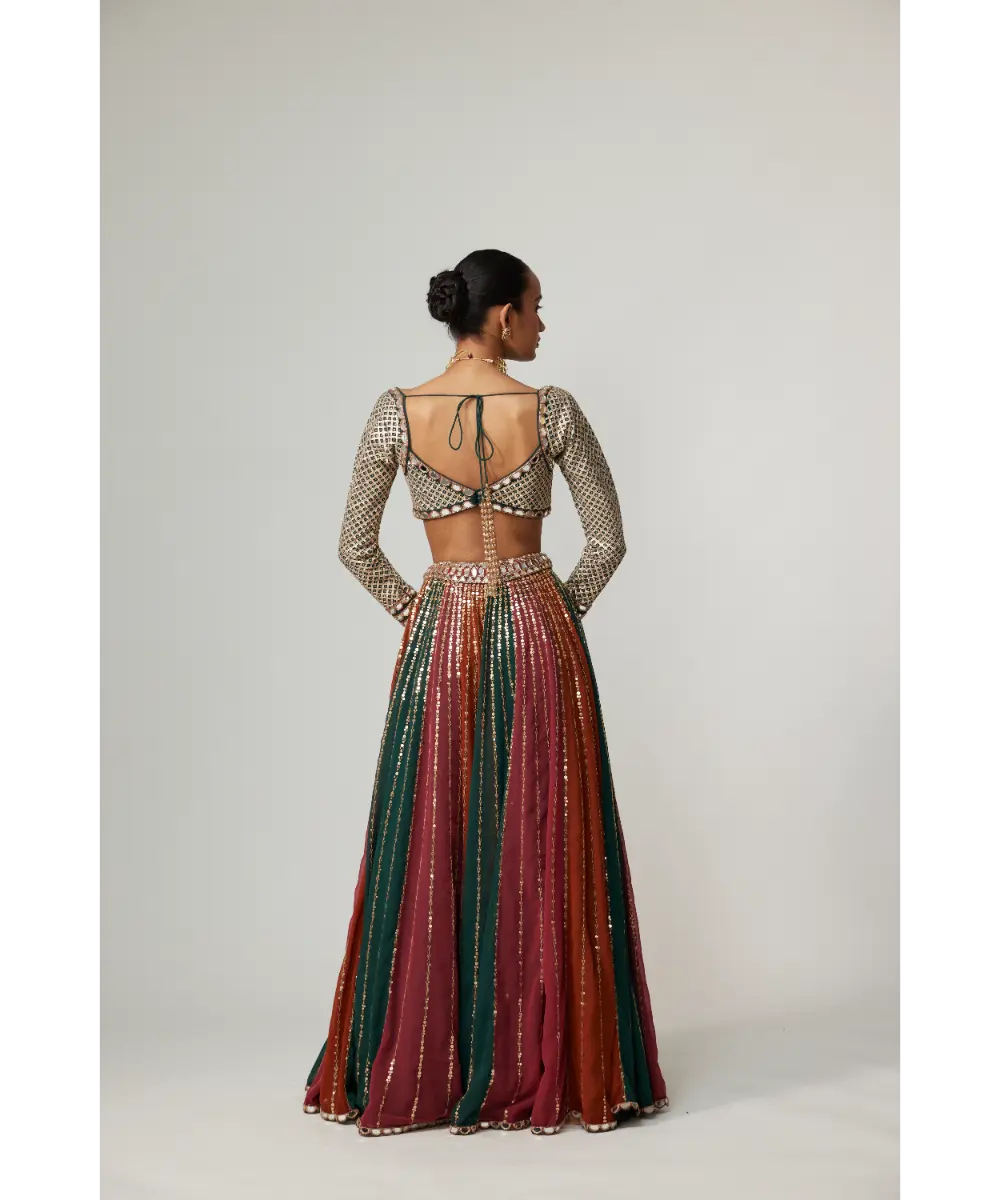 VVANI VATS - Cranberry Lehenga Pants with Sweetheart Neck Full Sleeve Blouse