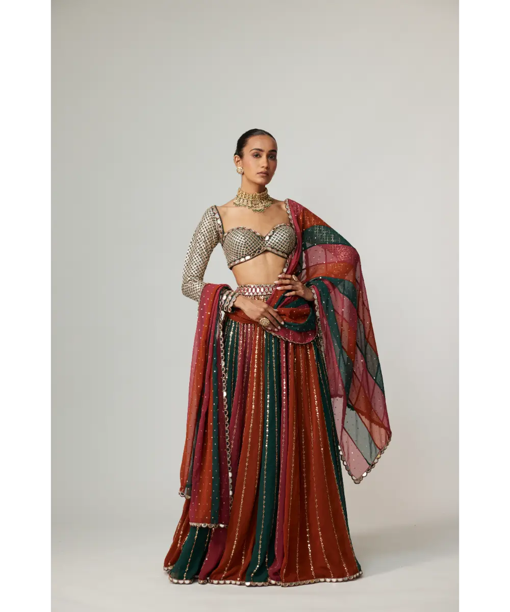 VVANI VATS - Cranberry Lehenga Pants with Sweetheart Neck Full Sleeve Blouse