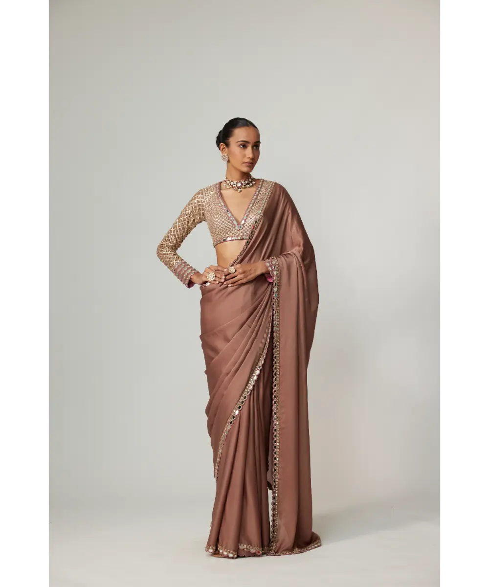 VVANI VATS - Deep Beige Satin Saree Set