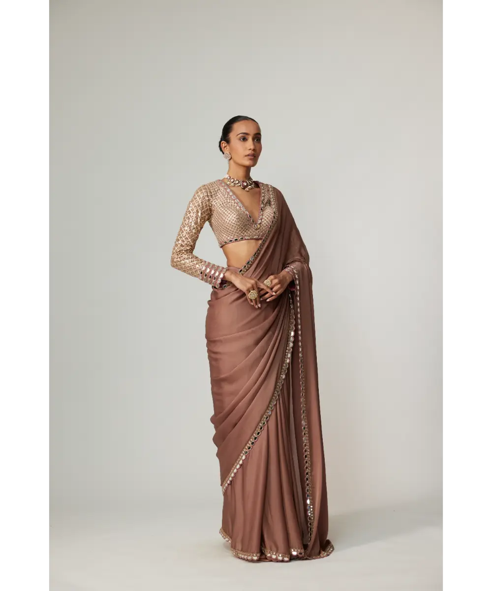 VVANI VATS - Deep Beige Satin Saree Set