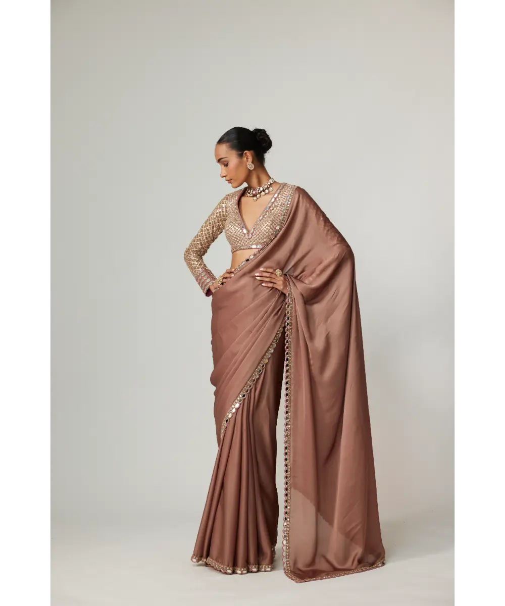 VVANI VATS - Deep Beige Satin Saree Set