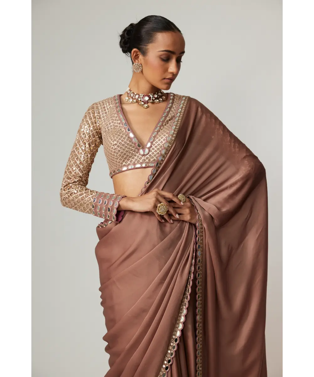 VVANI VATS - Deep Beige Satin Saree Set