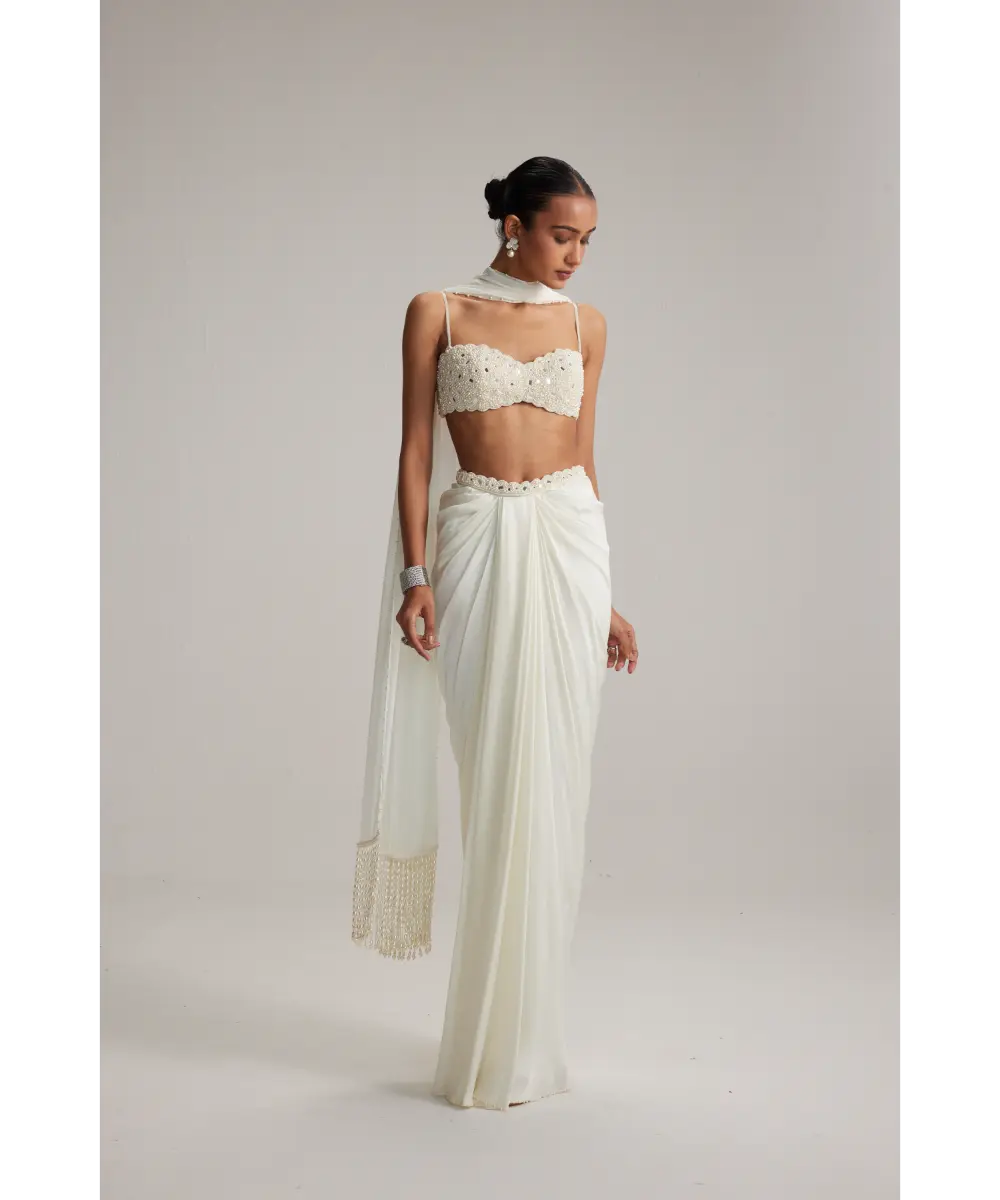 VVANI VATS- Off White Satin Draped Skirt Set