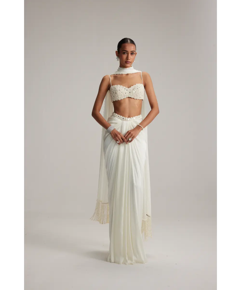 VVANI VATS- Off White Satin Draped Skirt Set