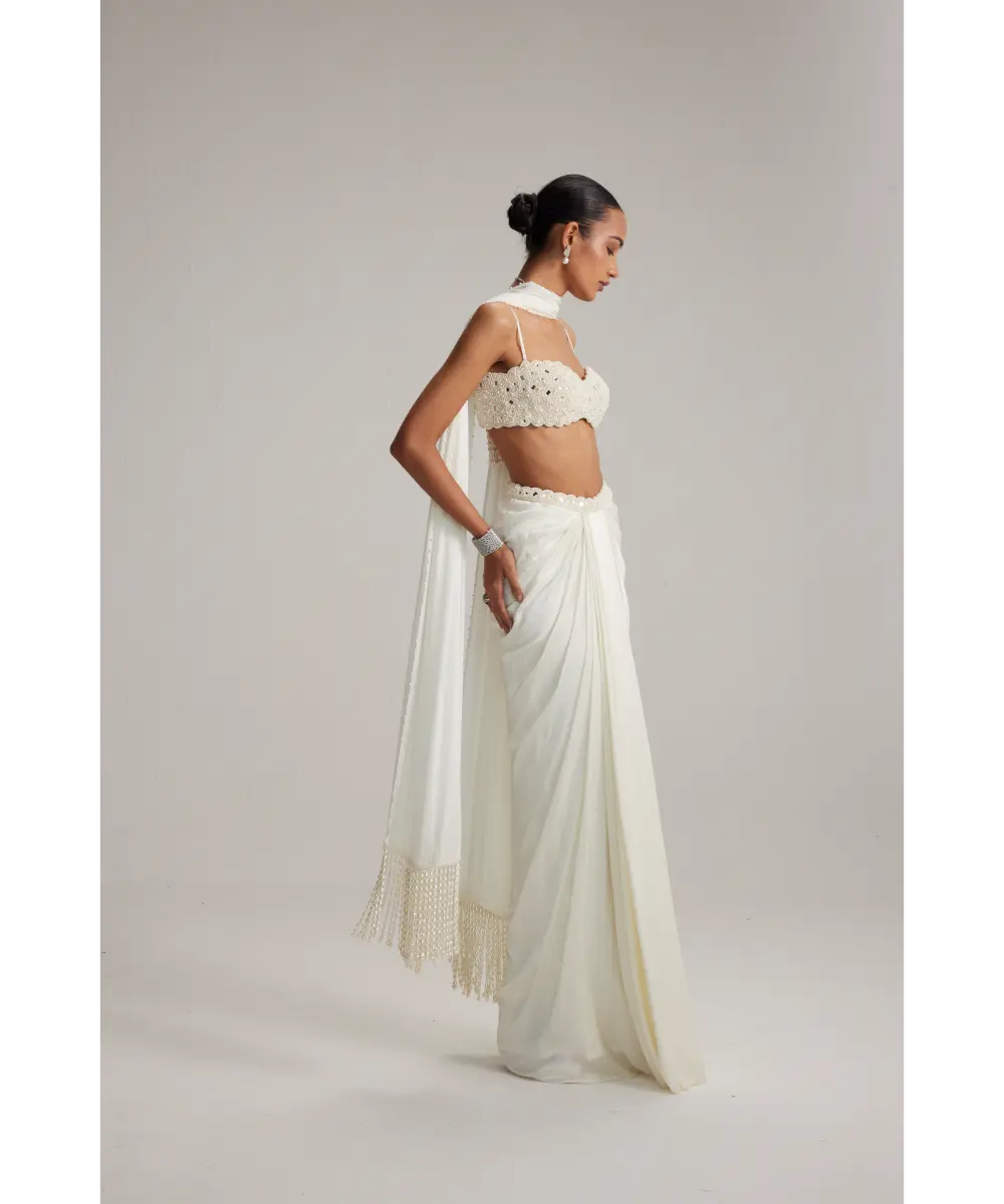 VVANI VATS- Off White Satin Draped Skirt Set