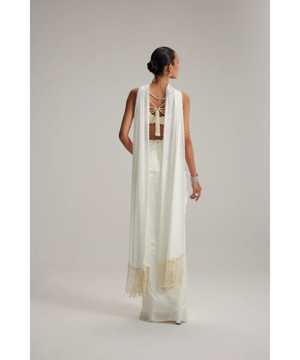 VVANI VATS- Off White Satin Draped Skirt Set