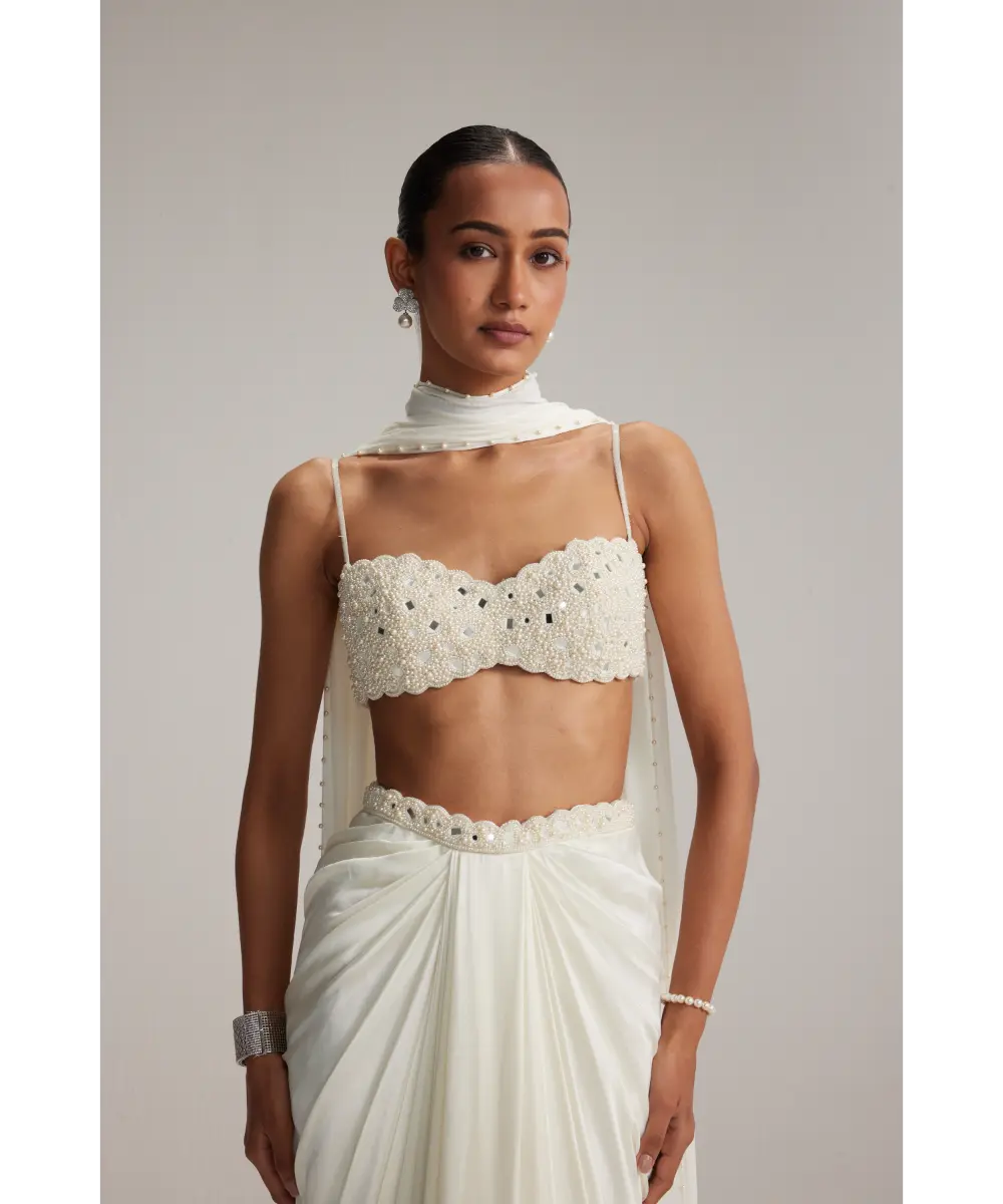 VVANI VATS- Off White Satin Draped Skirt Set