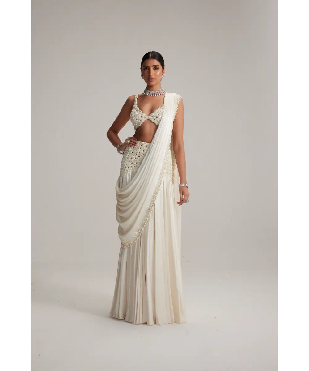 VVANI VATS- Off White Pearl and Mirror Embroidered satin draped saree set