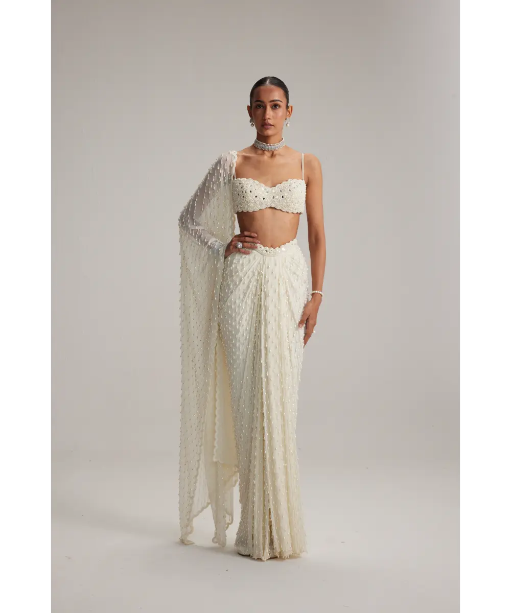 VVANI VATS- Pearl White Dense Drop Draped Skirt set