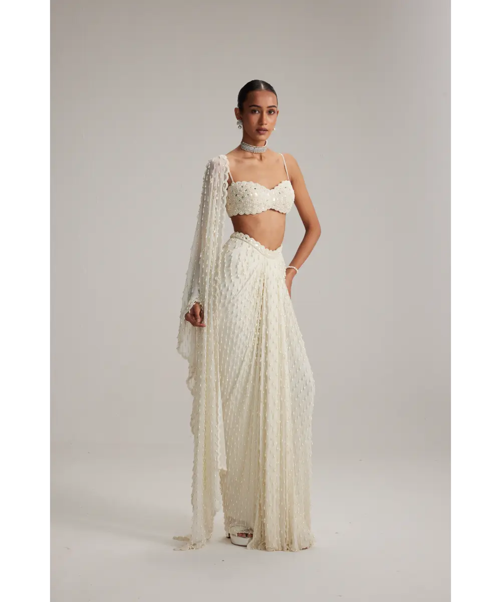 VVANI VATS- Pearl White Dense Drop Draped Skirt set