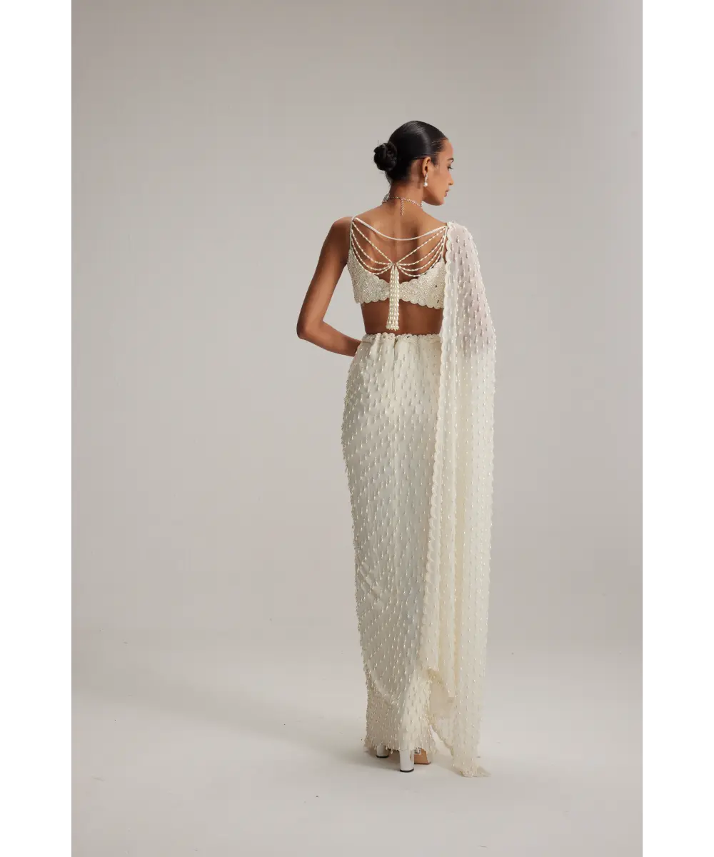 VVANI VATS- Pearl White Dense Drop Draped Skirt set