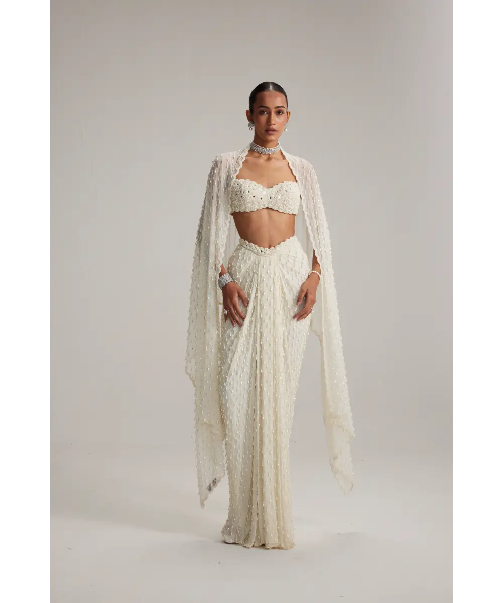 VVANI VATS- Pearl White Dense Drop Draped Skirt set