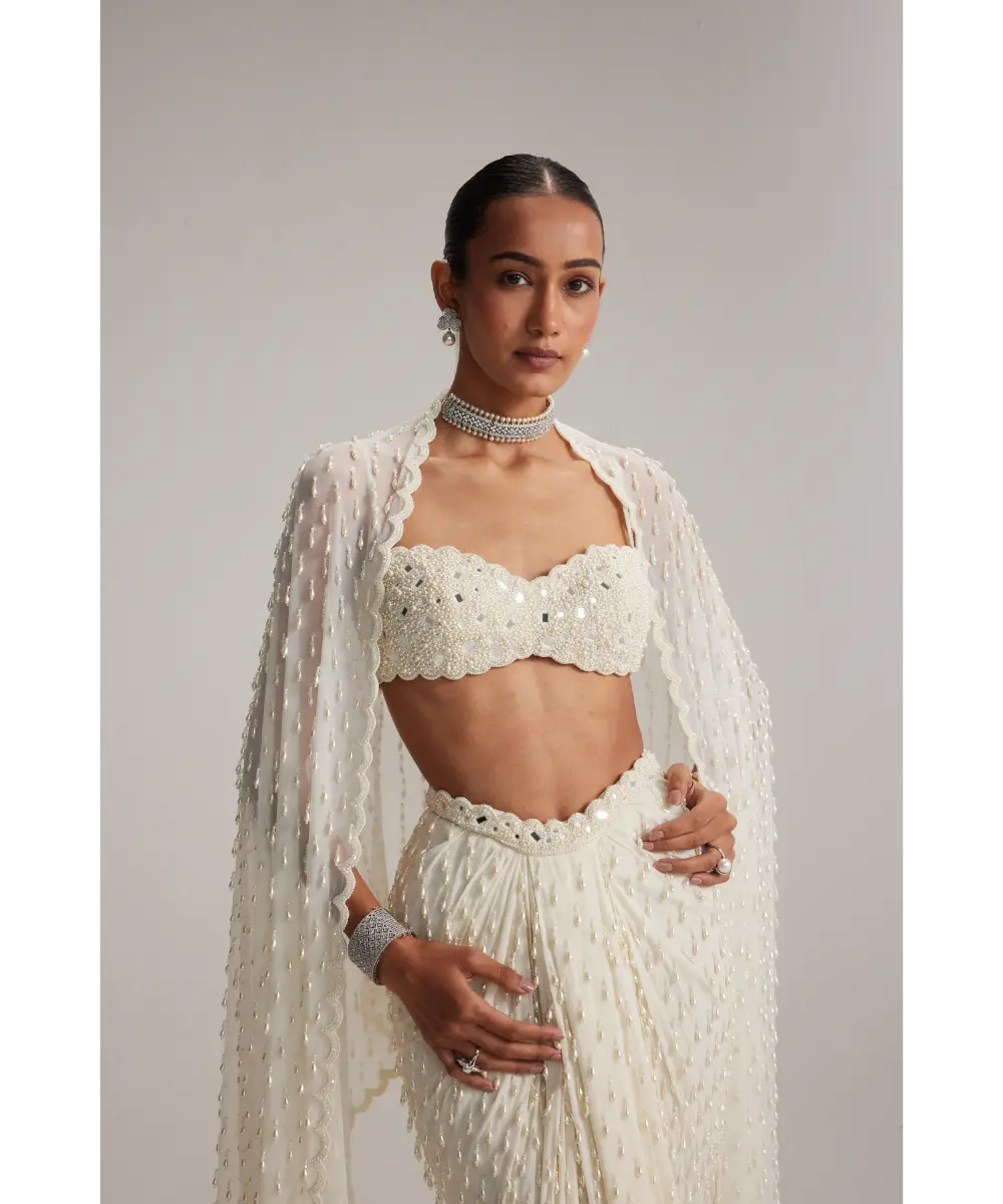 VVANI VATS- Pearl White Dense Drop Draped Skirt set