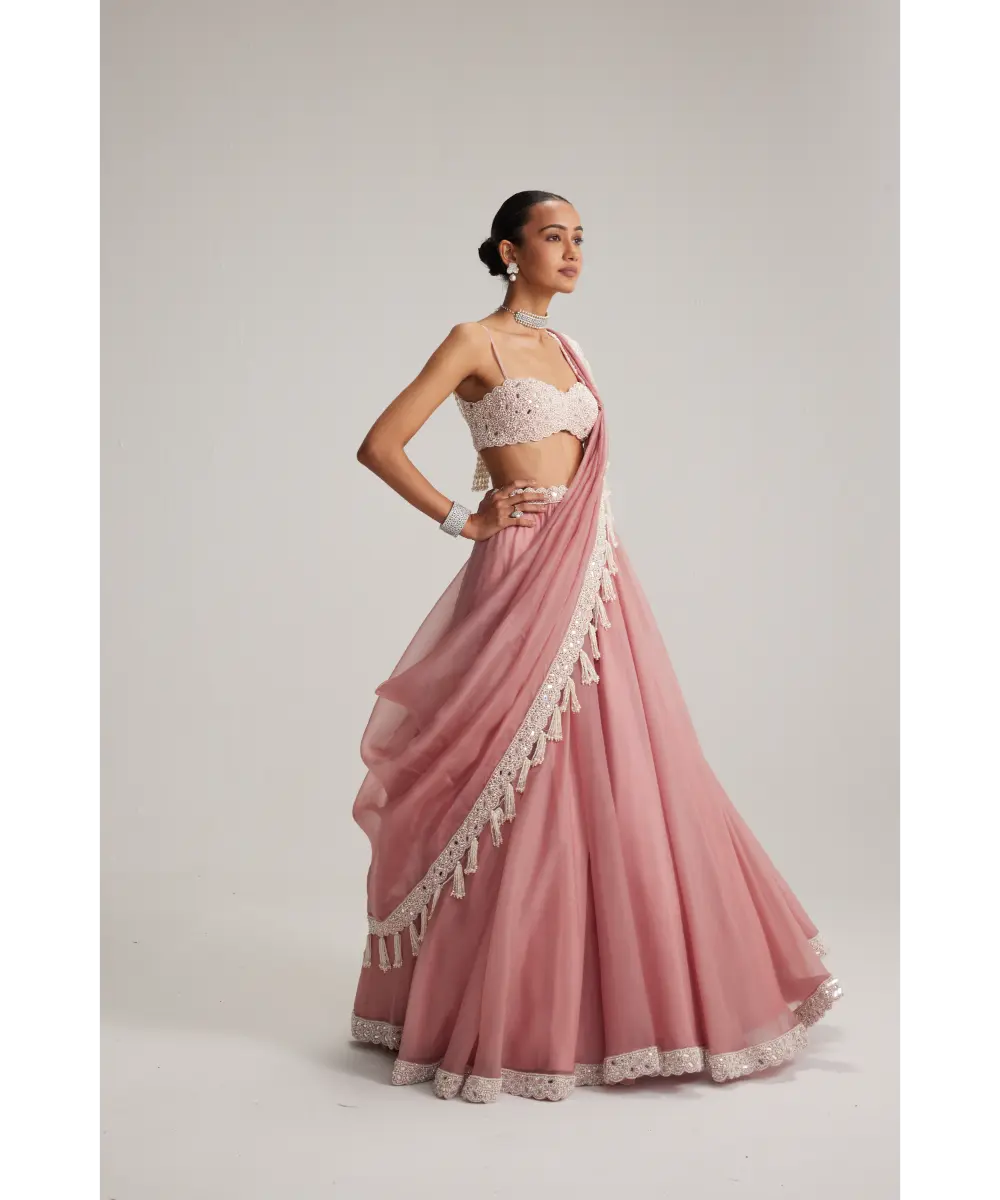 VVANI VATS- Dusty Rose Organza mirror and pearl lehenga set
