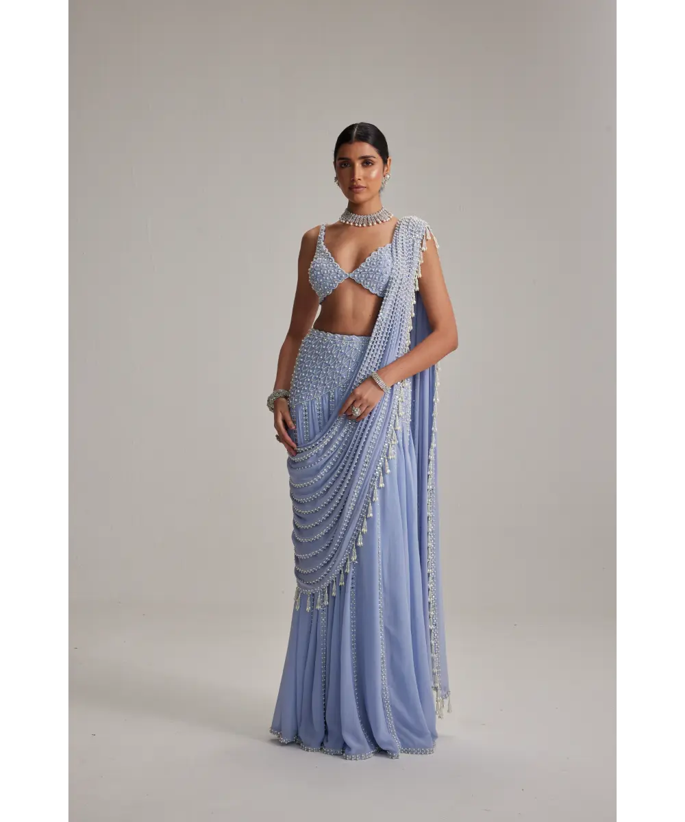 VVANI VATS- Dew Blue Linear Mirror And Pearl Embroidered Draped Saree Set