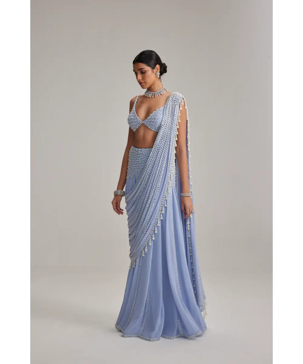 VVANI VATS- Dew Blue Linear Mirror And Pearl Embroidered Draped Saree Set