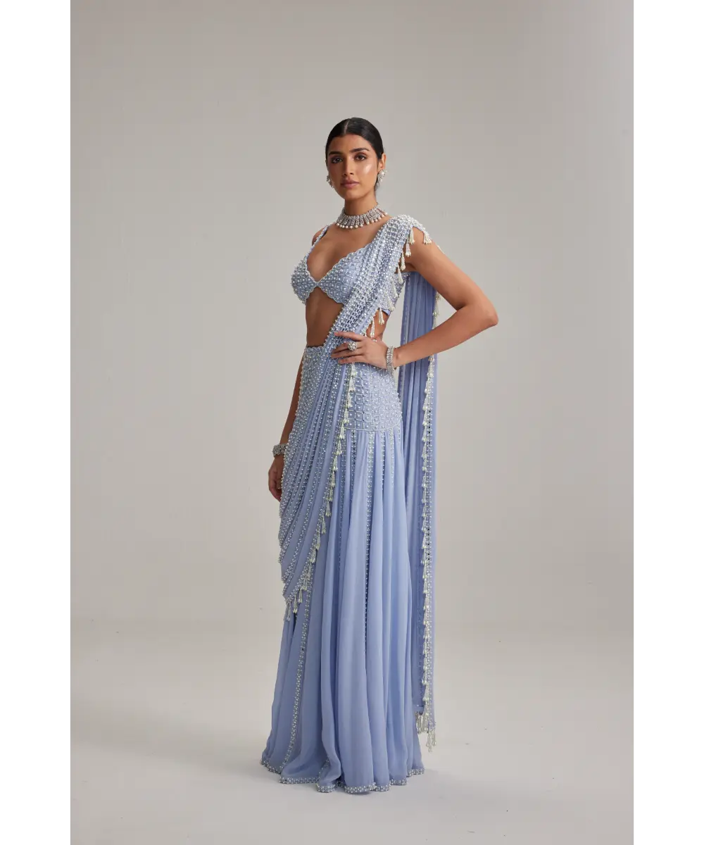 VVANI VATS- Dew Blue Linear Mirror And Pearl Embroidered Draped Saree Set