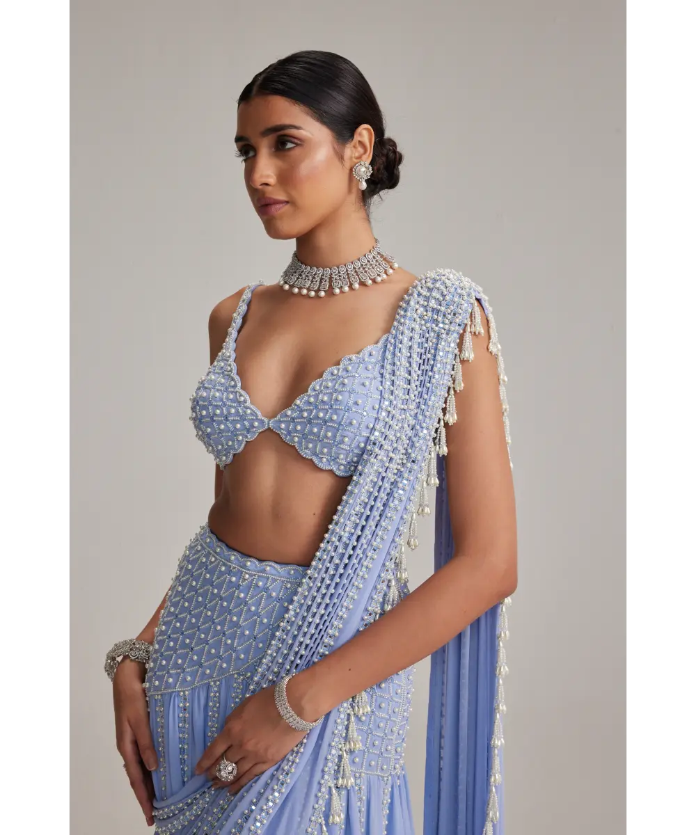 VVANI VATS- Dew Blue Linear Mirror And Pearl Embroidered Draped Saree Set
