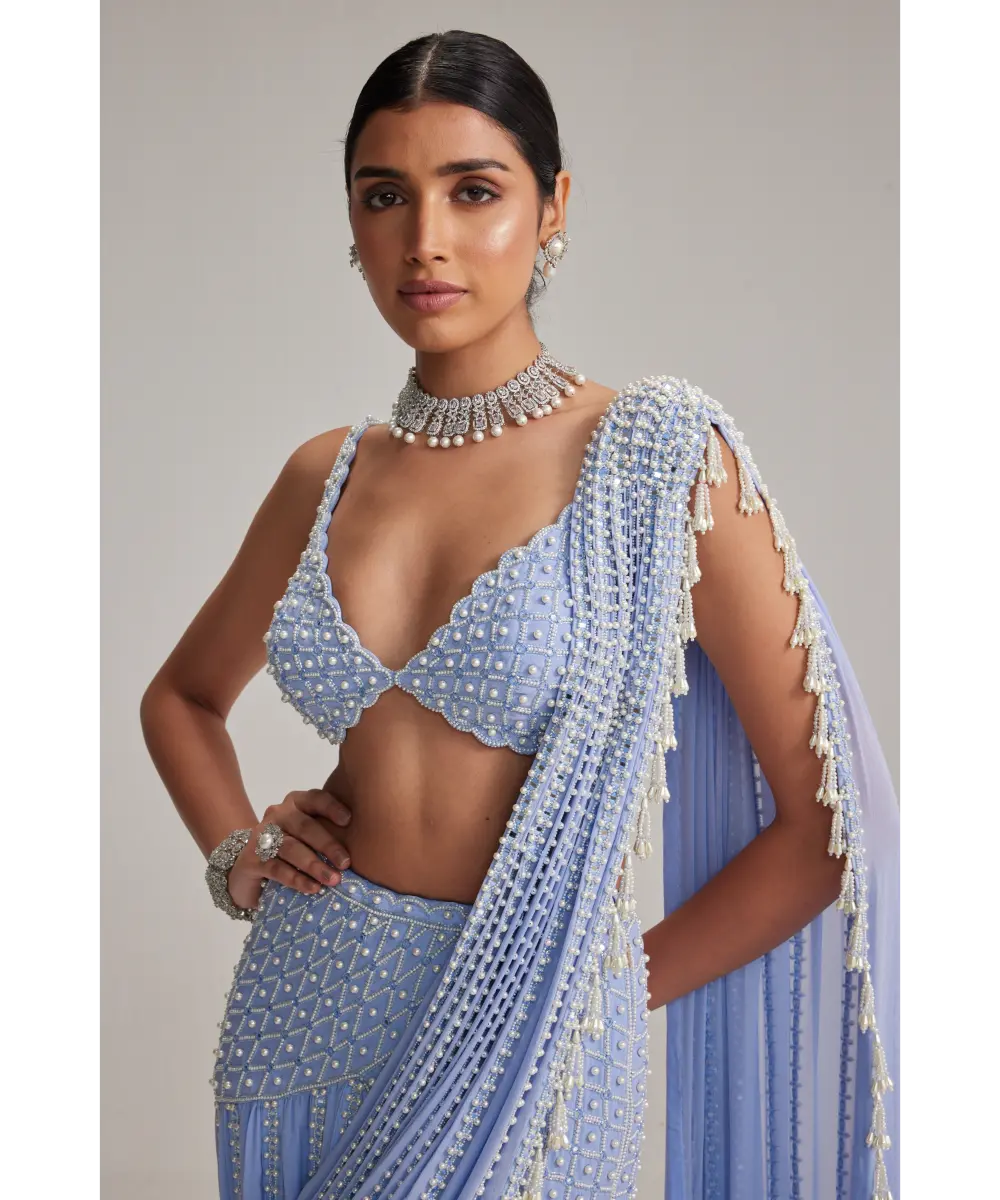 VVANI VATS- Dew Blue Linear Mirror And Pearl Embroidered Draped Saree Set
