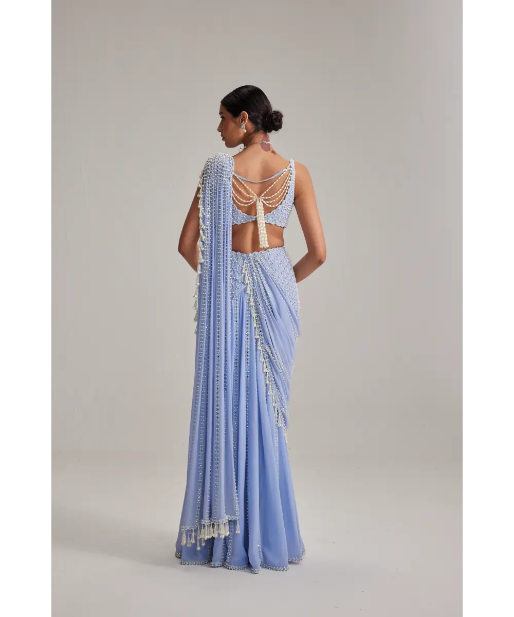 VVANI VATS- Dew Blue Linear Mirror And Pearl Embroidered Draped Saree Set