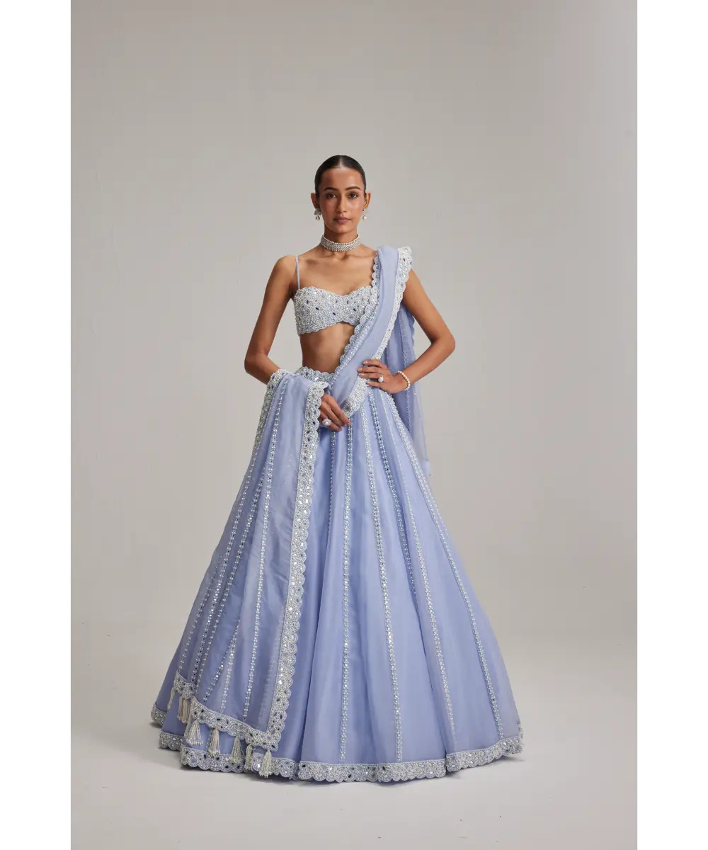 VVANIVATS- Dew Blue linear Mirror Organza Lehenga Set
