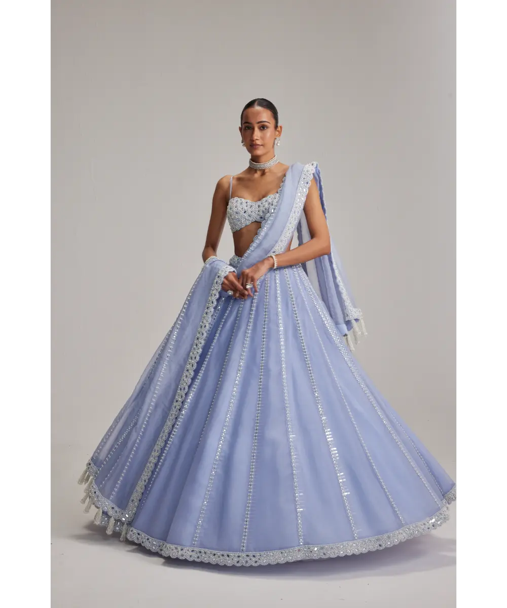 VVANIVATS- Dew Blue linear Mirror Organza Lehenga Set