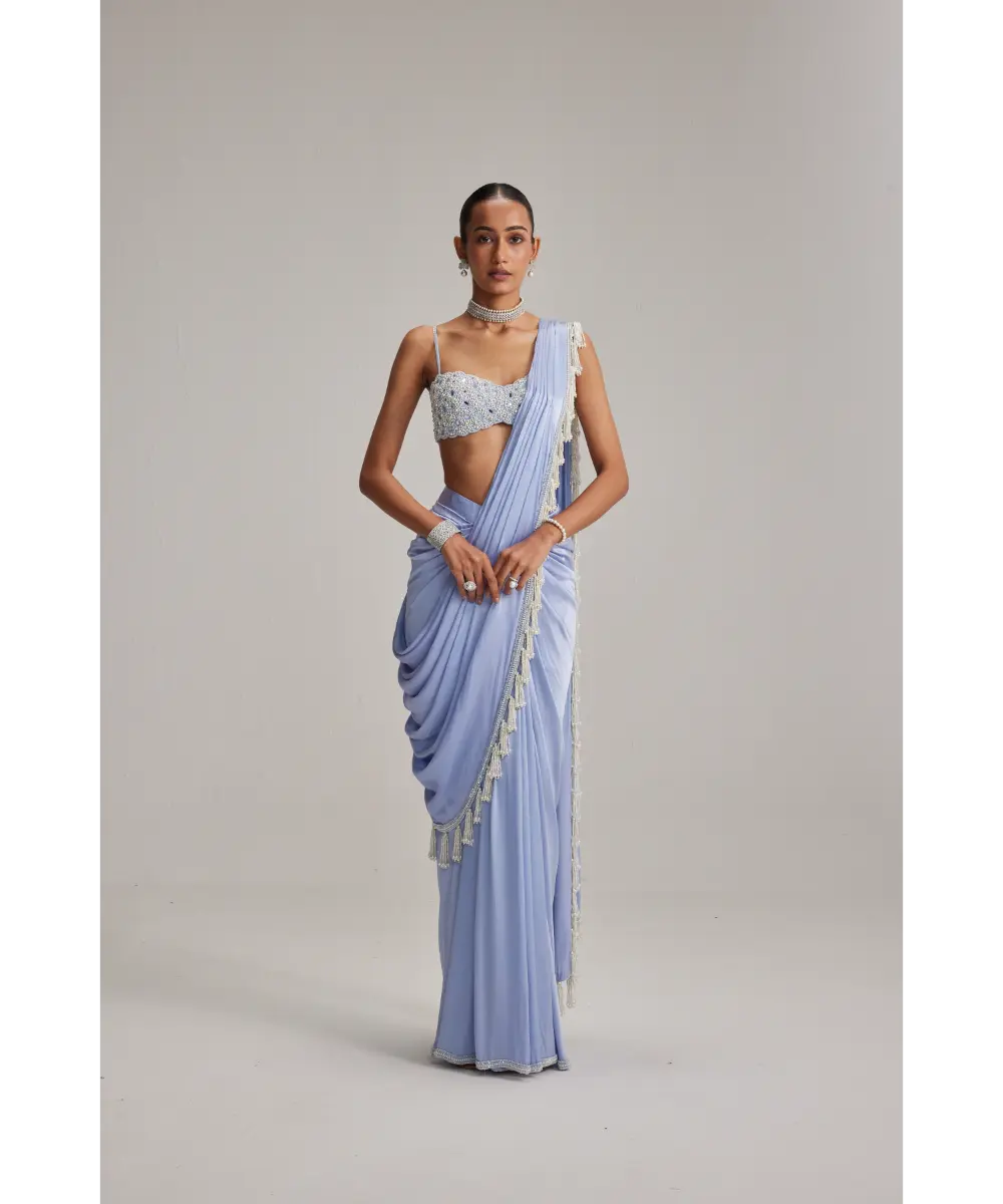 VVANI VATS- Dew Blue Satin Draped Saree Set