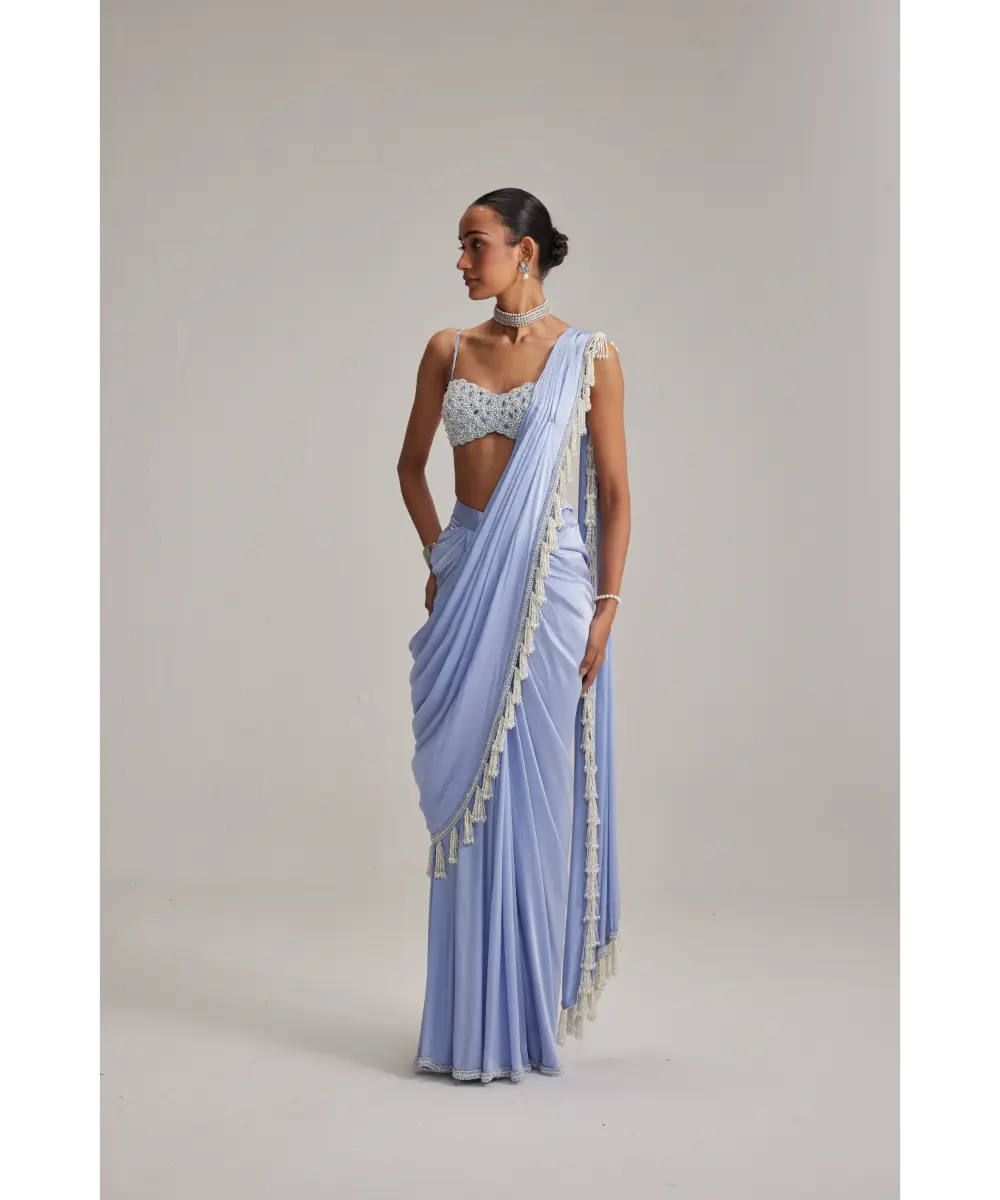 VVANI VATS- Dew Blue Satin Draped Saree Set