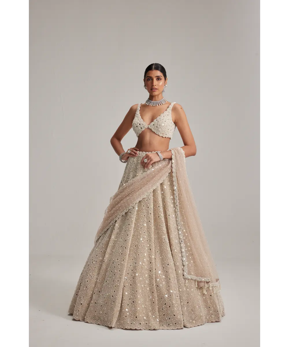 VVANI VATS- Light Beige Dense mirror and pearl lehenga set