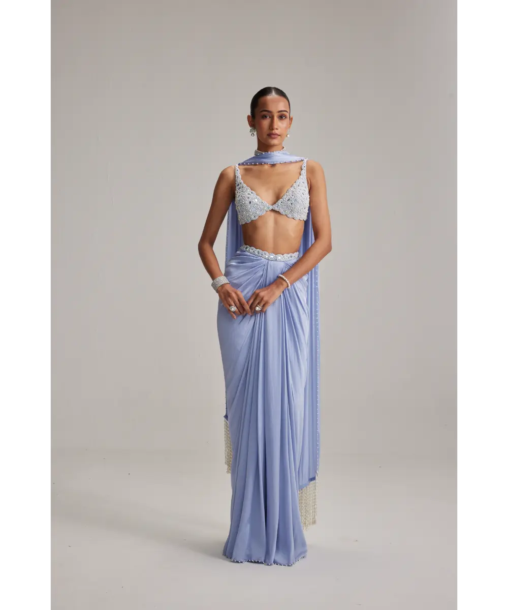 VVANI VATS- Dew Blue Satin Draped Skirt Set