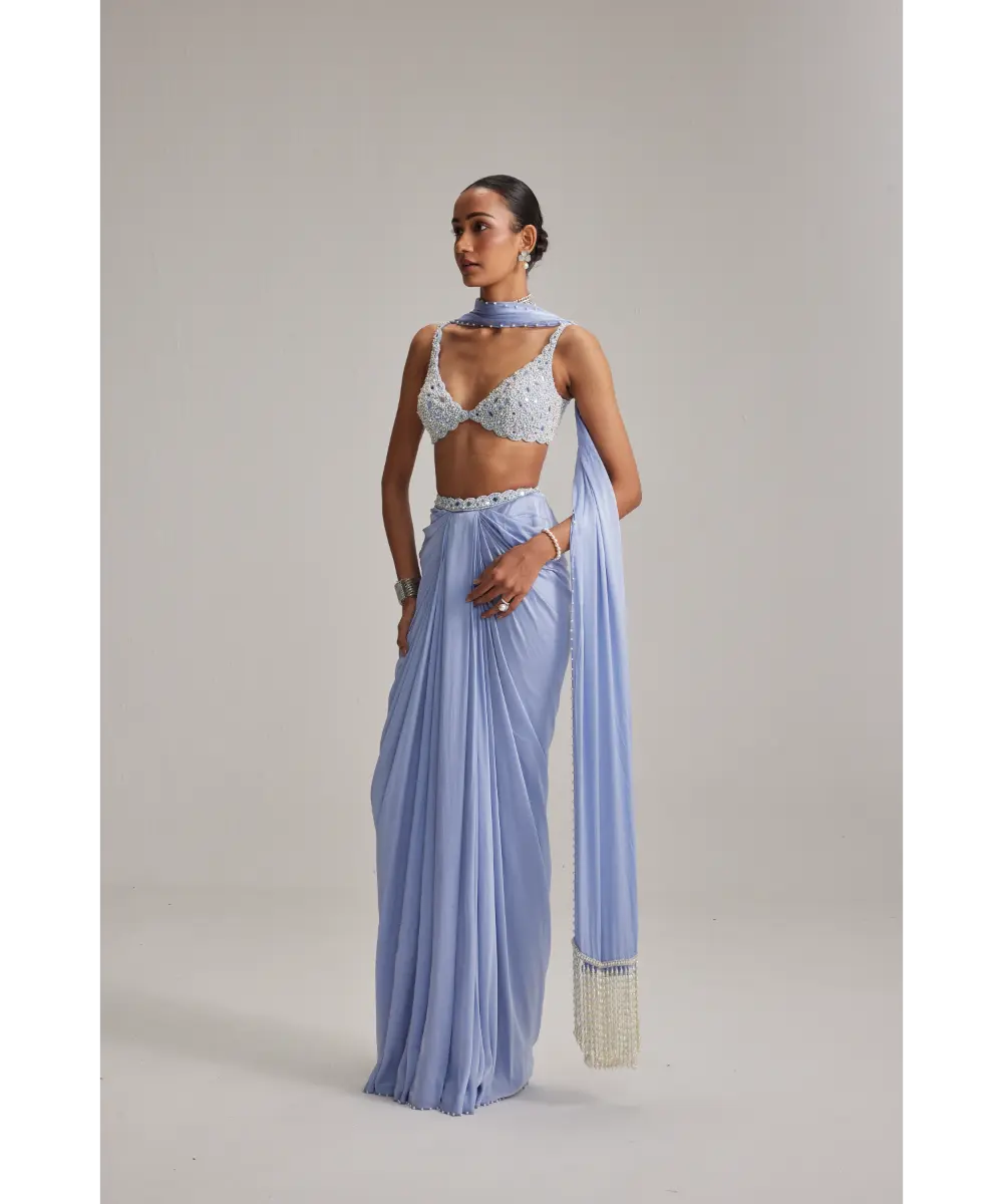 VVANI VATS- Dew Blue Satin Draped Skirt Set