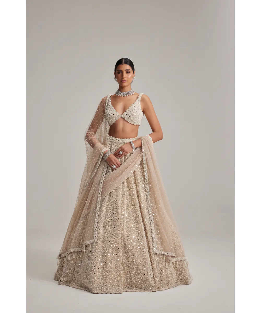 VVANI VATS- Light Beige Dense mirror and pearl lehenga set With Double Dupatta