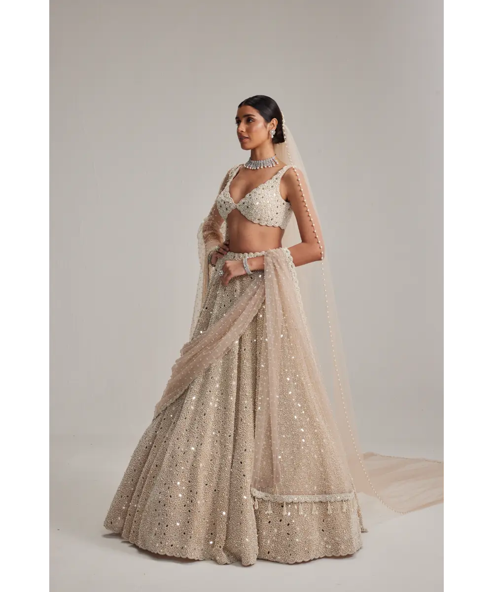 VVANI VATS- Light Beige Dense mirror and pearl lehenga set with Double Dupatta and Veil