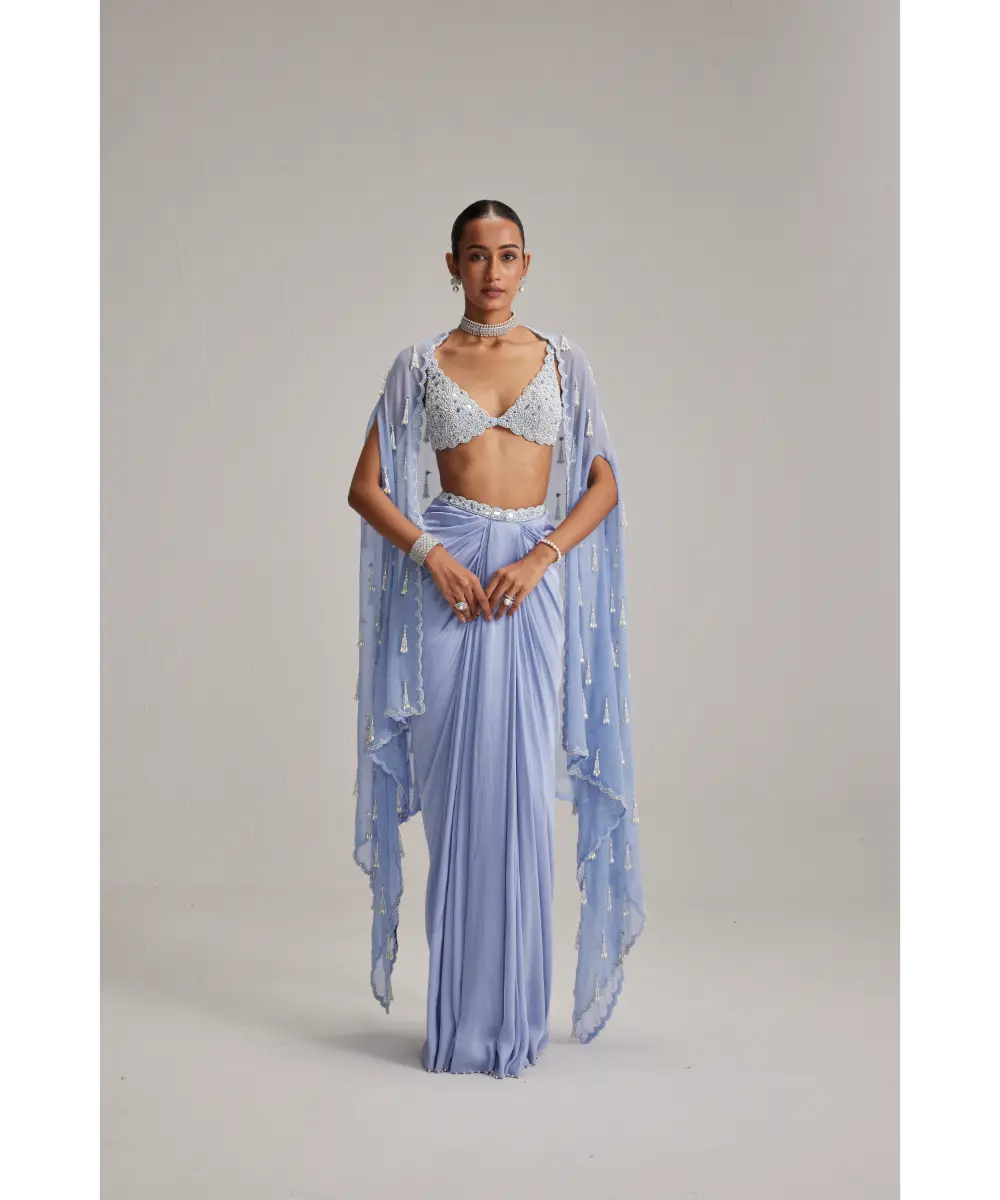 VVANI VATS- Dew Blue Cape And Satin draped skirt Set
