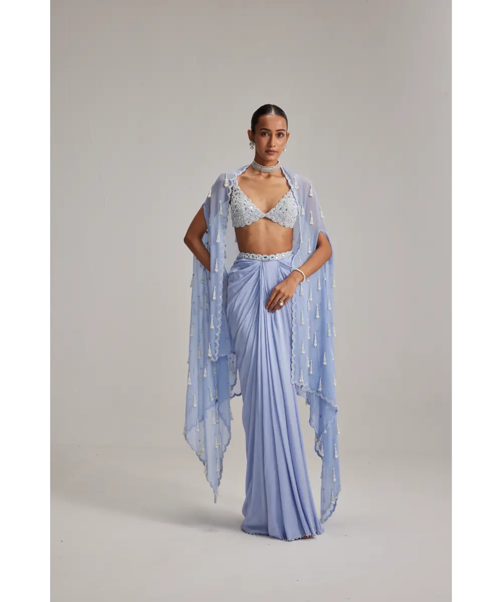 VVANI VATS- Dew Blue Cape And Satin draped skirt Set