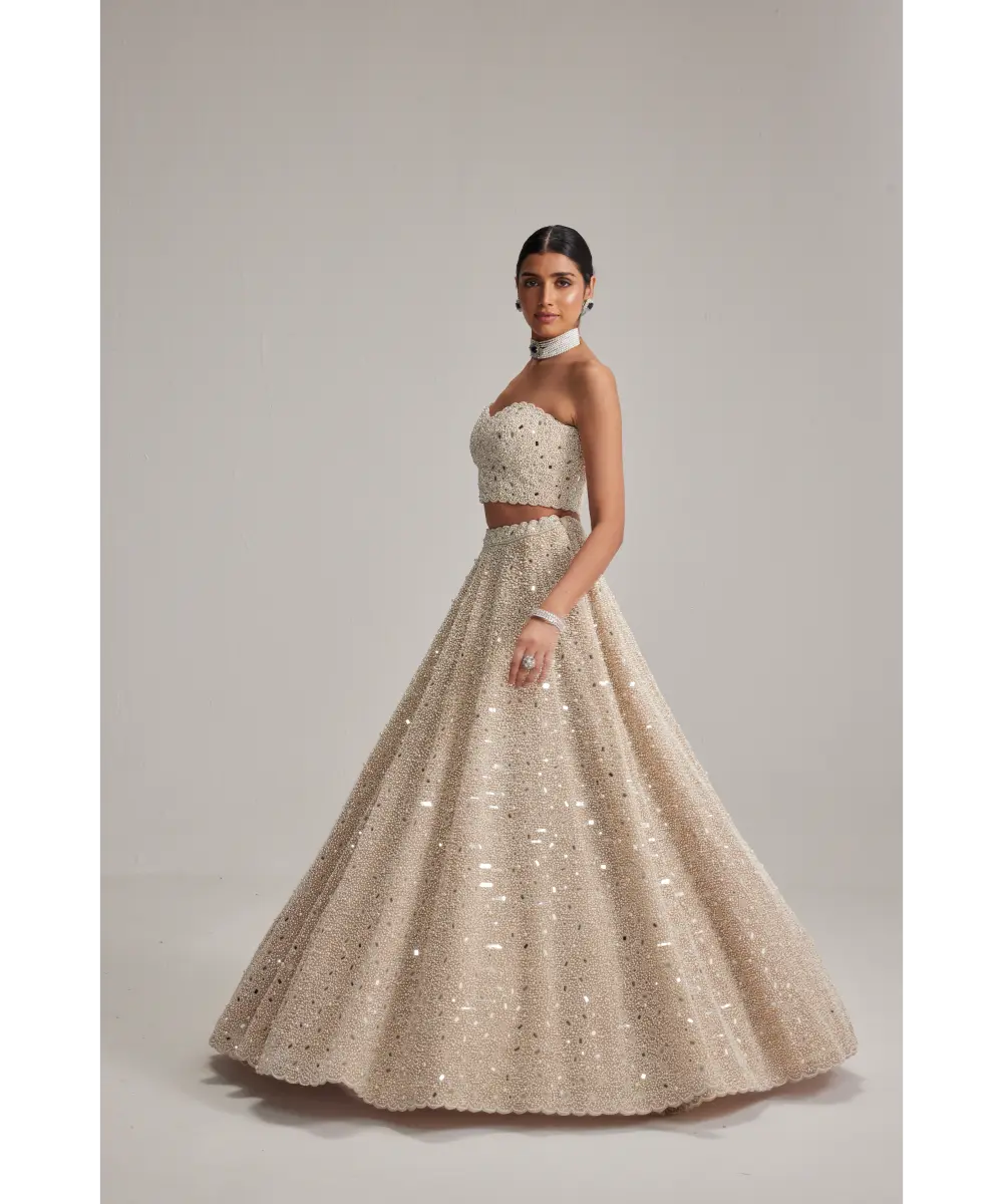 VVANI VATS- Light Beige Dense mirror and pearl Corset lehenga set