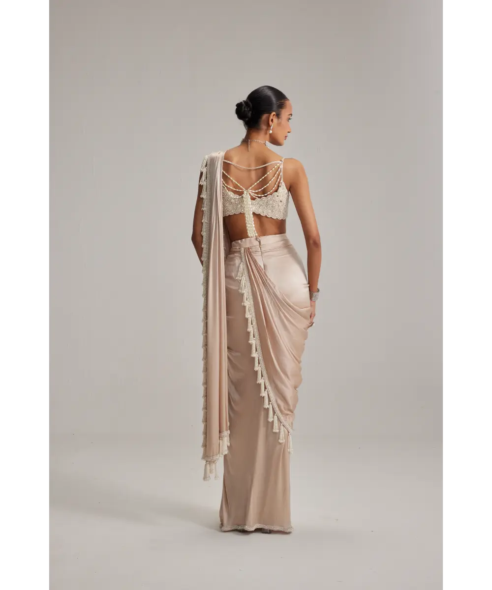 VVANI VATS- Light Beige mirror and pearl Satin Draped Saree set